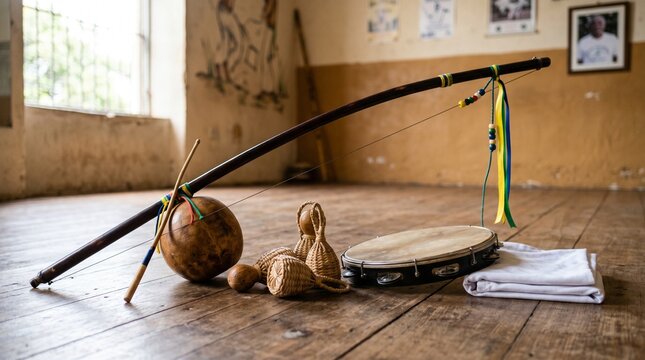 Capoeira Day Berimbau Pandeiro and Caxixi Still Life on Training Floor
