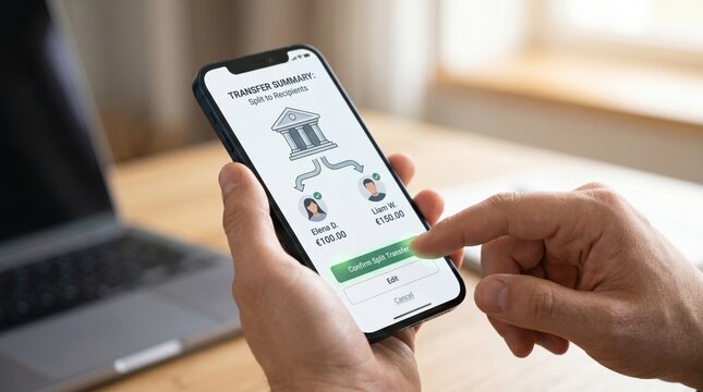 Close up of person using smartphone app for split payment transfer confirming transaction summary to recipients showing digital banking finance and money management concept.