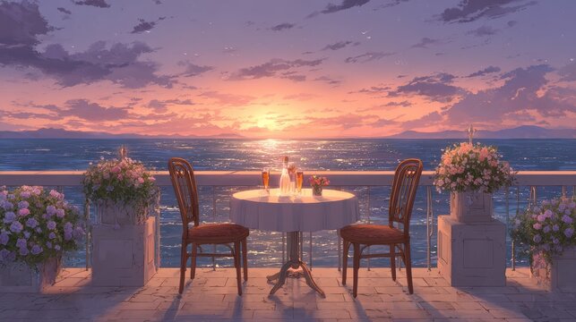 18.Open air cafe by the sea with elegant table setup, two chairs facing sunset, warm light illuminating drinks and flowers on table, expansive ocean backdrop, peaceful twilight tones, romantic mood