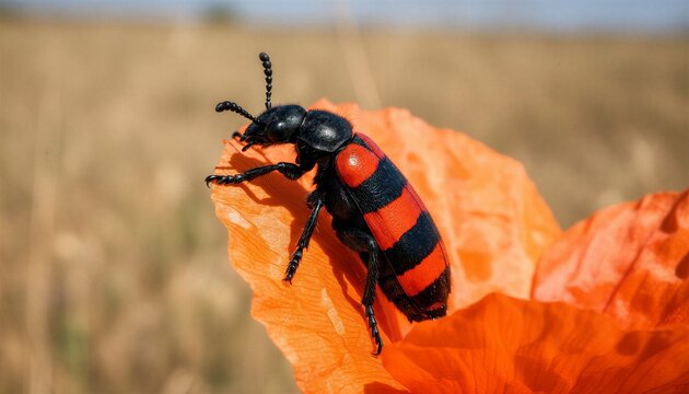 Macro photograph of a red and black Mylabris beetle crawling on a papery orange poppy. Harsh midday sun with sharp shadows and saturated colors in an arid field