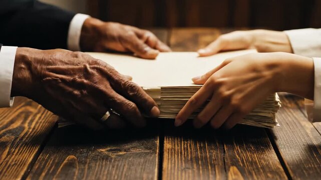 Businessman hands passing proposal files across table