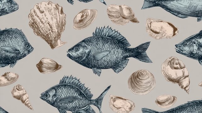 37.Vector seamless pattern featuring stylized seafood sketches, crosshatch details in fish and shells, organic flowing arrangement, repeated endlessly in all directions, soft neutral background tone,