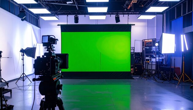 Professional studio with green screen backdrop, symbolizing video production, background replacement, and creative digital filmmaking environment.