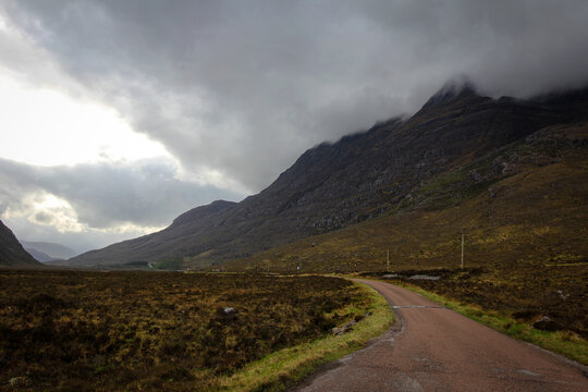 Scenic cloudy road view near Wester Ross Biosphere Reserve, North Scotland