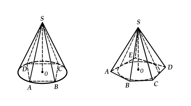 Educational vector illustration of a quadrangular pyramid inscribed in a cone and a cone inscribed in a pentagonal pyramid, demonstrating relationships between pyramids and cones in solid geometry.