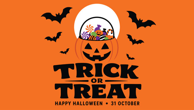 Halloween trick or treat design with a jackolantern pumpkin bucket full of candies and bats on an orange background