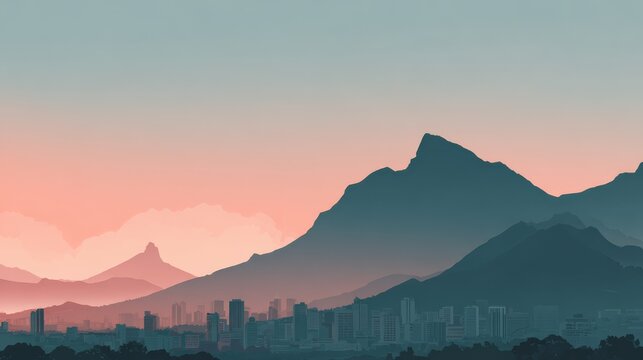52.Minimalist poster set featuring Table Mountain silhouette against soft gradient sky, flat vector style with clean lines, muted pastel tones, simple foreground cityscape of Cape Town, textured