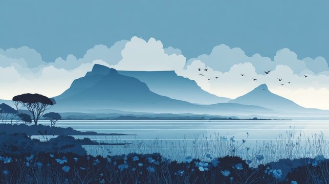 55.Clean vector landscape of Table Mountain viewed across bay, simplified forms and soft gradients, minimalist clouds drifting above, silhouetted coastal vegetation, modern graphic poster layout,