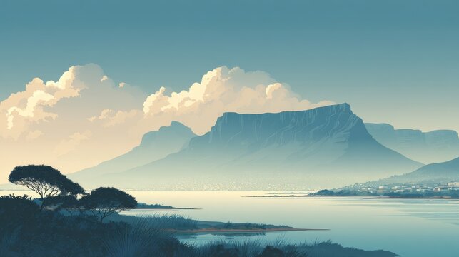 55.Clean vector landscape of Table Mountain viewed across bay, simplified forms and soft gradients, minimalist clouds drifting above, silhouetted coastal vegetation, modern graphic poster layout,