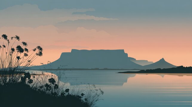55.Clean vector landscape of Table Mountain viewed across bay, simplified forms and soft gradients, minimalist clouds drifting above, silhouetted coastal vegetation, modern graphic poster layout,