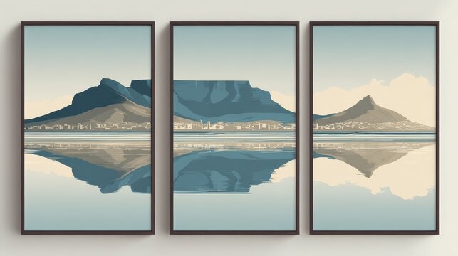56.Flat design poster triptych of Cape Town landmarks centered on Table Mountain, horizon line with reflective water, minimal details emphasizing shape and proportion, cool blues and sandy beige