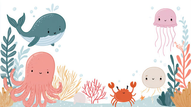 cute underwater ocean border background with cartoon sea animals whale octopus jellyfish crab coral seaweed marine creature banner copy space frame cute aquatic life illustration for kids design