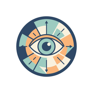 Abstract circular emblem featuring central eye design with geometric segments and arrows representing visionary data analysis and insight
