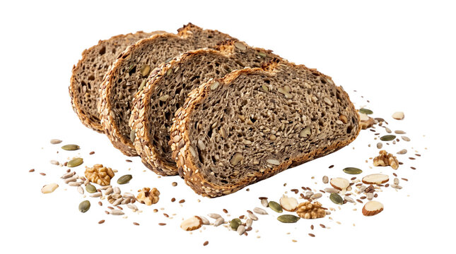 Whole grain bread slices with seeds and nuts, organic multi-grain sourdough loaf pieces, healthy cereal bread on white background
