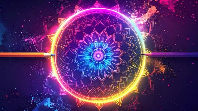 Glowing mandala with pencils in vibrant colors on a dark background