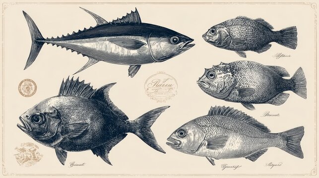 64.Vintage style hand drawn set featuring bluefin tuna, puffer, red seabream round, grunt, and golden snapper, intricate line engraving technique, monochrome or muted ink tones, labeled arrangement,