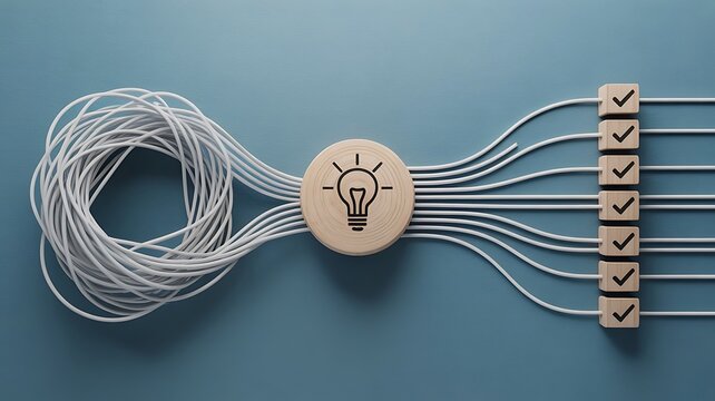 Lightbulb on wooden circle connected to tangled cables and wooden blocks with check marks representing creative idea implementation process