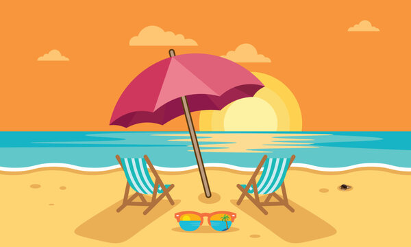 Romantic sunset beach landscape with deck chairs umbrella and sunglasses vector illustration