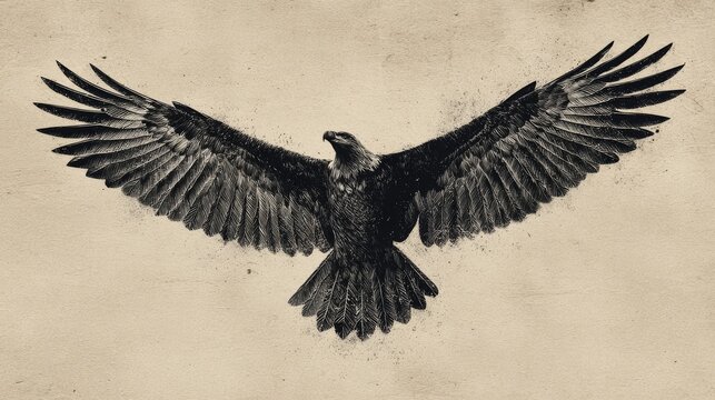 74.Stylized soaring eagle silhouette enriched with detailed feather textures, wide wings cutting through sky, classic vintage animal vector look, subtle distressed texture overlay, evocative sense of