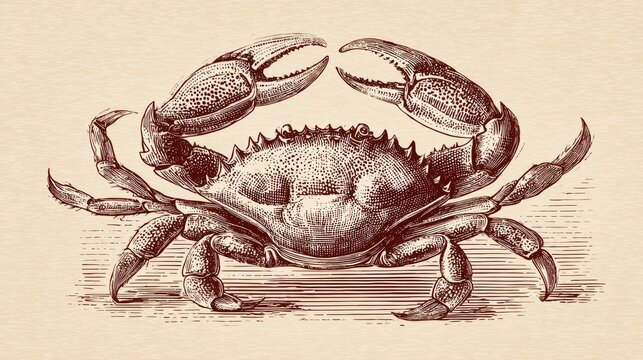 83.Hand-drawn style vector crab rendered with elaborate linear engraving, radiating shell grooves and stippling effects, balanced horizontal orientation, minimalistic backdrop emphasizing artwork,