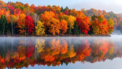 Autumn forest reflection in calm lake water. © ELIJAH