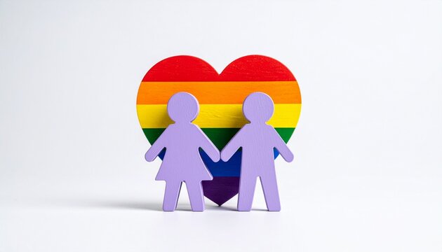 Two Purple Wooden Human Figures Holding Hands Positioned Over a Rainbow Pride Flag Wooden Heart Cutout