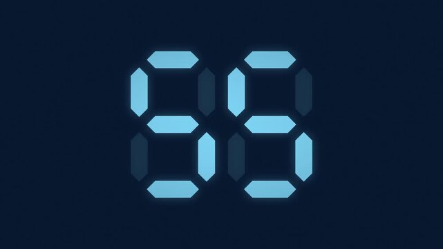 Blue 60 second digital LED countdown timer, seven segment display animation from 60 to 1