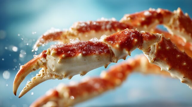 2.Front view of strong hand gripping thick king crab leg section, cracked shell revealing tender meat inside, droplets of moisture on surface, minimal background with soft bokeh, food detail focus,