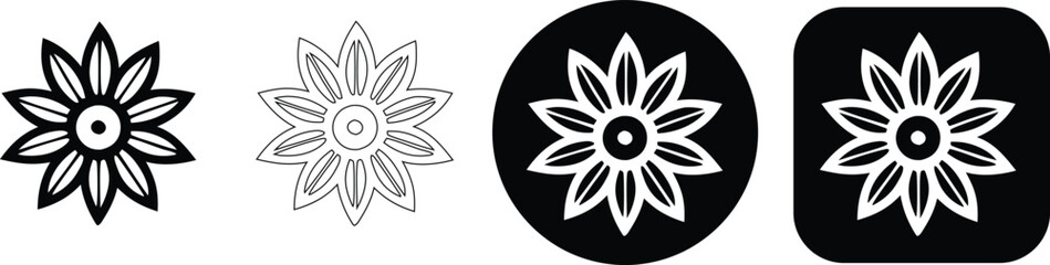 Fototapeta premium Set of four stylized flower featuring a symmetrical floral pattern in black and white variations with circular and rounded square frames