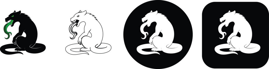 Naklejka premium Set of four depicting a mythical dragon creature with a long tongue, presented in black and white styles with circular and square borders