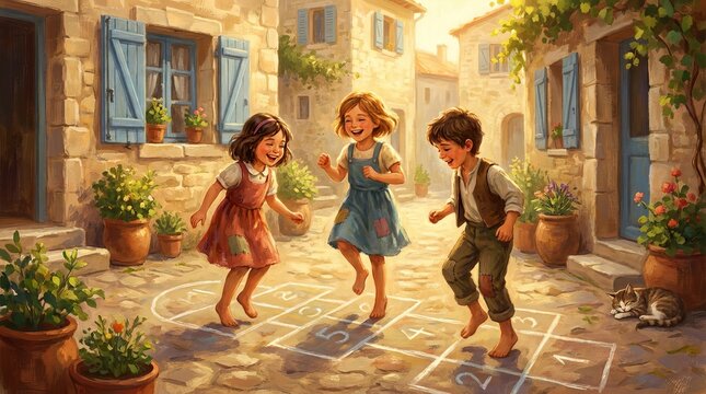 Happy children playing hopscotch together in a charming rustic village courtyard setting