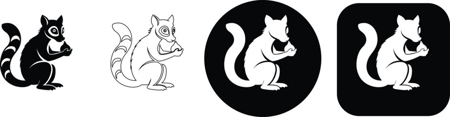 Set of four featuring a lemur or squirrel-like animal holding a nut, presented in black and white styles with circular and square frames © SilhouetteStore