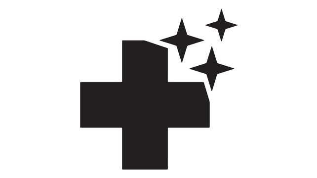 Medical cross symbol with falling stars for hospital sanitation and cleanliness. Healthcare hygiene logo featuring sparkling disinfection and safet...