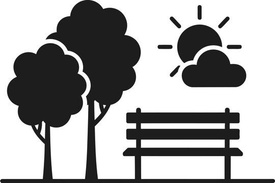 Public park bench with trees and sun icon recreation environment landscape illustration
