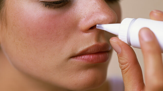 Nasal saline rinse close up macro photography of hand holding white nasal squeeze bottle at nostril for cleansing saline rinse