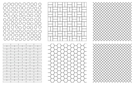 Set of 6 seamless patterns with hand drawn stones, basket weave, crosshatch, brickwork and honeycomb, black and white vector material textures