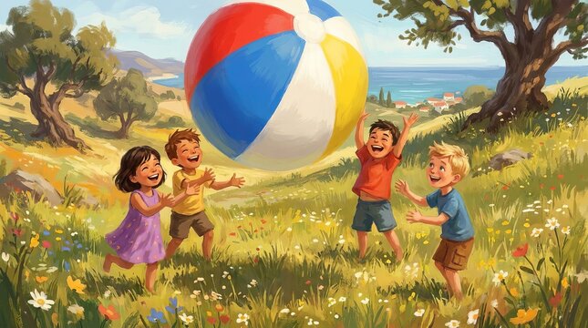 Happy children playing with a colorful beach ball in a sunny meadow near the sea