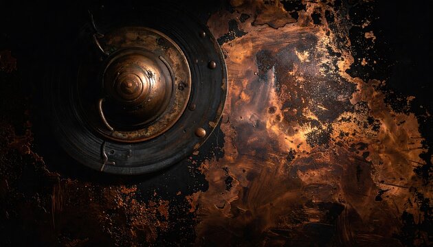 Antique bronze shield surface with abstract fire texture.
