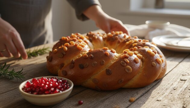 Freshly baked round raisin challah bread displayed with pomegranate seeds on a rustic wooden table for a traditional holiday meal