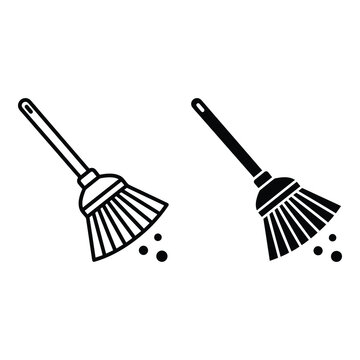 Black and white broom icons with dust particles flying around on white background icon