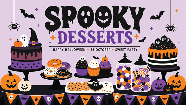 Halloween party background with spooky desserts, cakes, donuts, cupcakes, cookies, candies and pumpkins vector illustration for holiday invitation, flyer, poster, banner or greeting card