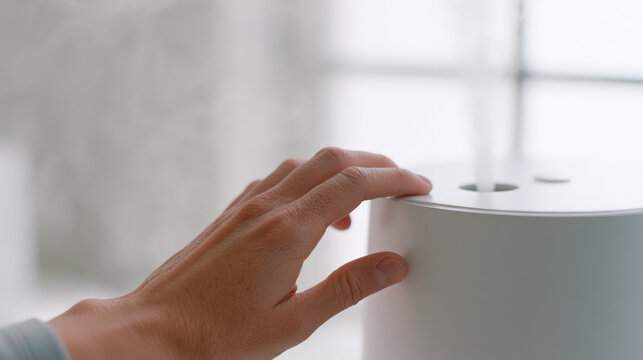 Humidifier hand button mist bedroom white closeup macro skin daylight