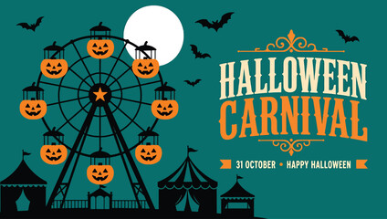 Halloween carnival poster with ferris wheel made of pumpkins, tents, bats and full moon on dark teal background holiday event flyer or invitation design template © Hikari Vector Studio