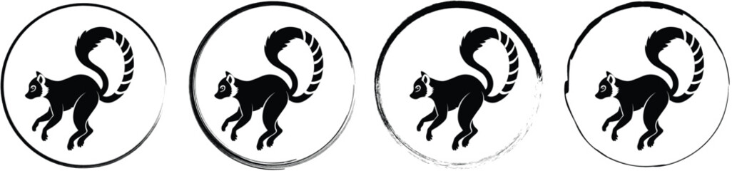 Four circular emblems featuring a black silhouette of a lemur jumping or leaping, isolated on a white background, for projects © SilhouetteStore