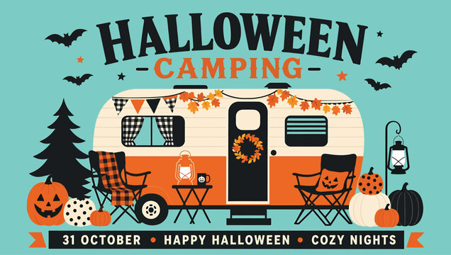 Halloween camping illustration with vintage camper trailer, pumpkins, bats, and autumn decorations on a teal background