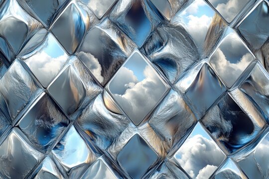 Abstract geometric pattern background with metallic diamond tiles and surreal fluffy clouds