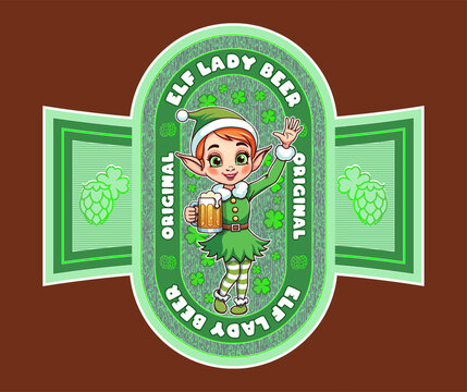 Vector label. Cartoon cute kawaii smiling cheerful lady elf waving hand, holding glass mug full of foamy beer. Clover and hops. Toon fairytale character, green dress and hat. Sticker. Alcoholic drink