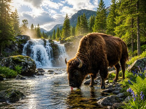 American Bison Drinking Crystal Clear Water Near Mountain Waterfall in Scenic Forest Landscape