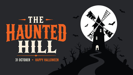 Halloween background with a haunted windmill on a hill, a full moon, bats, and a spooky graveyard, vector illustration for a holiday party invitation or poster © Hikari Vector Studio