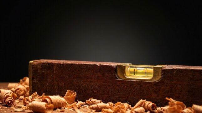 Wooden carpenter level with glowing yellow vial and wood shavings on dark background